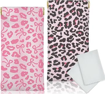 Glasses Case Soft, Eyeglass Cases for Women Portable Squeeze Top PU Leather 2 Pack Glasses Pouch with Cleaning Cloth