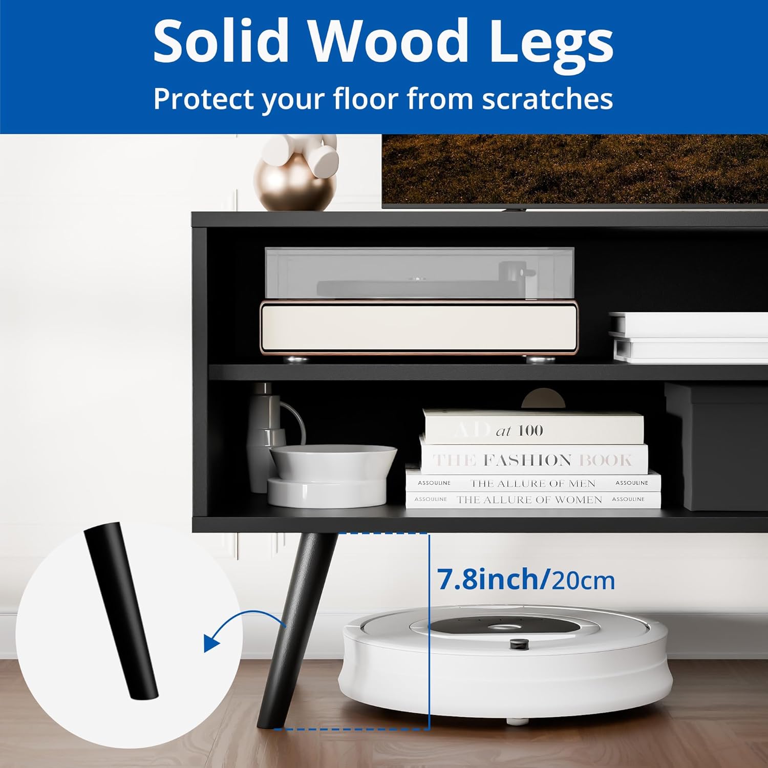 Cozy Castle TV Stand for 48 Inch TV, Mid Century Modern Entertainment Center with Storage Cabinet, TV Media Console for Living Room, Bedroom, Black