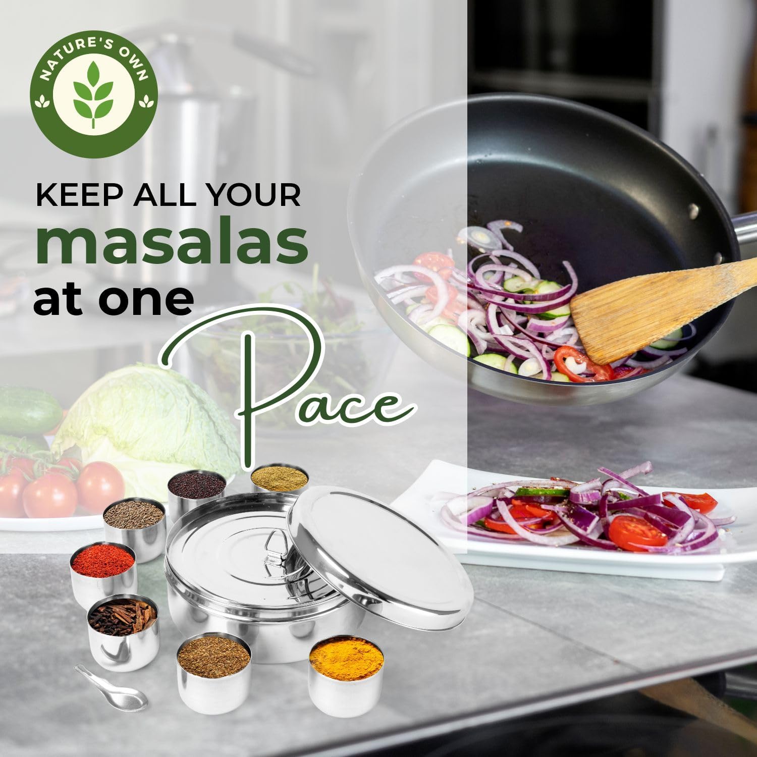 Nature's Own Masala Dabba - Stainless Steel Spice Box with 7 Compartments, Indian Masala Dabba, Spice Container for Kitchen Storage, Includes 7 Spice Containers, 7x7x3, Durable and Easy to Clean - Image 5