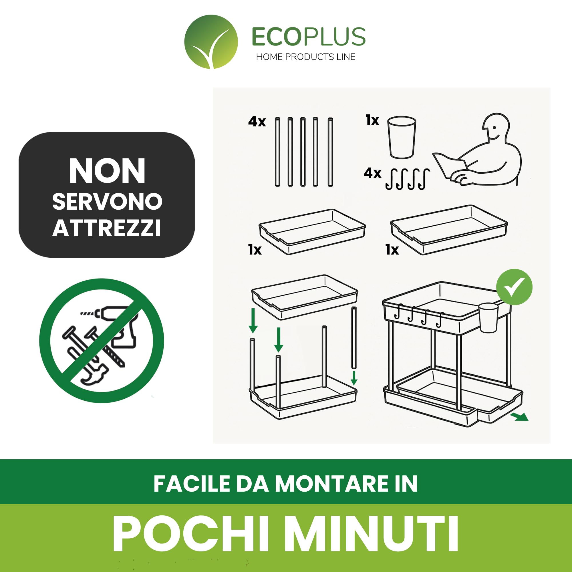 ECOPLUS Organizer Sottolavello Salvaspazio Sottolavabo, Organizzatore Cucina e Bagno, Scaffale Sottolavello Nero (40x22x32 cm) con Portaoggetti, Struttura Resistente, Perfetto per Lavandino e Lavello