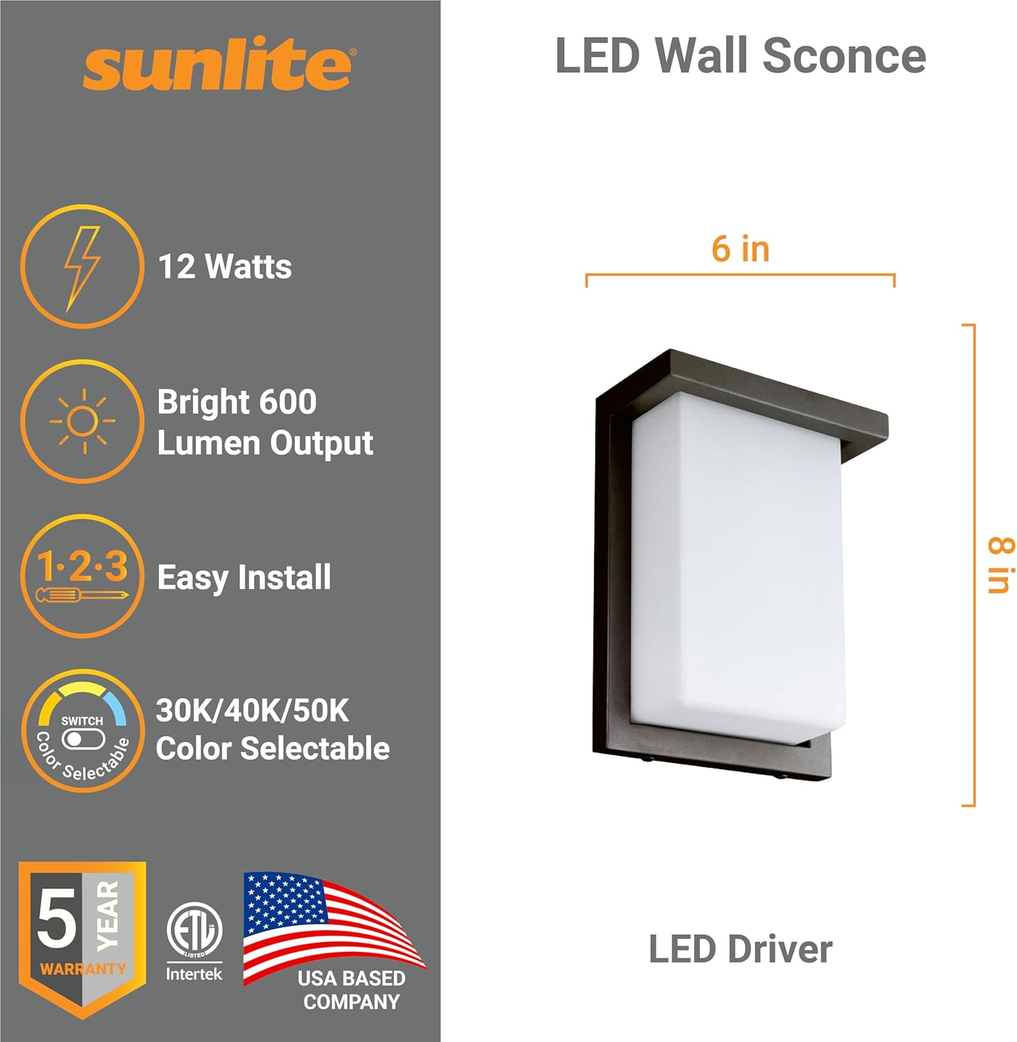 Sunlite 88673 8” Modern LED Wall Sconce Light, Outdoor Fixture, Adjustable 3 CCT 3000K-5000K, 12 Watts, 600 Lumens, Opal Shade, Oil Rubbed Bronze, Indoor for Bathrooms, Garage, Hallways & Entryways