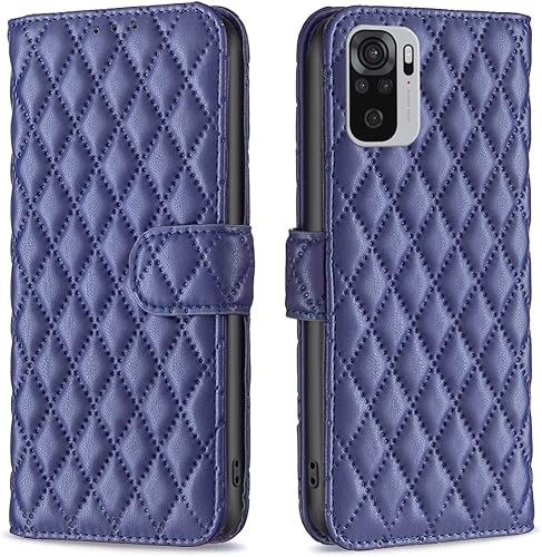 Case for Xiaomi Redmi Note 10 4G/Note 10S,Rhombus Lambskin Pattern Premium Leather Wallet Kickstand Flip Case Magnetic Clasp Cover Blue