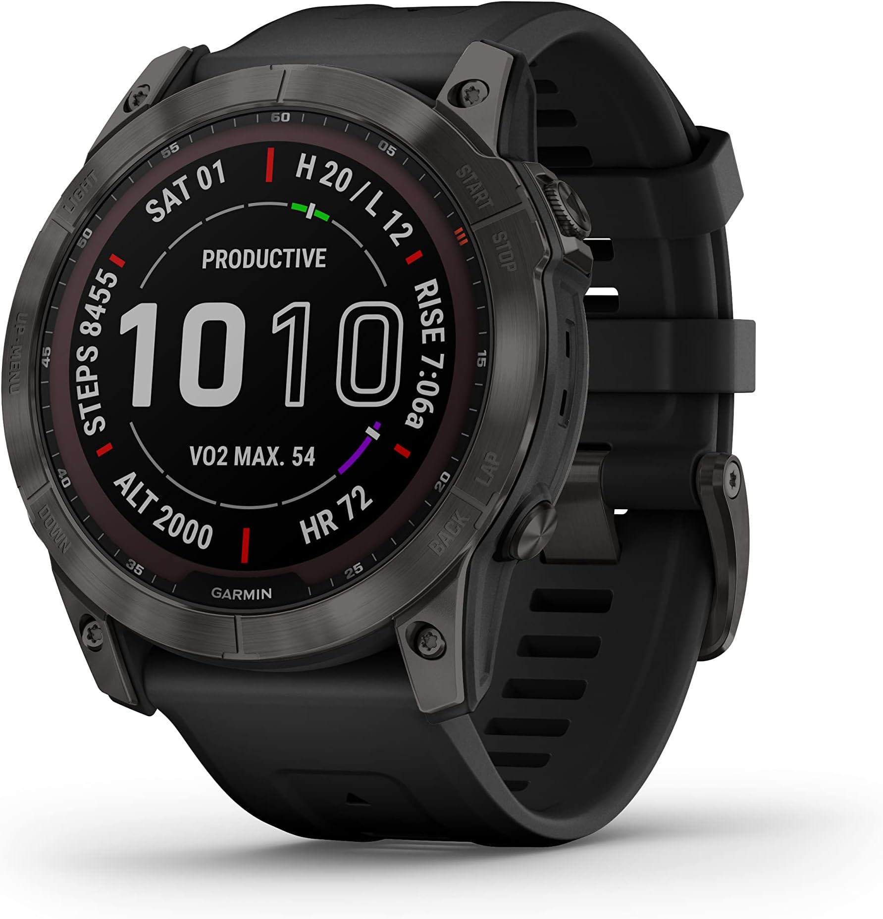 Fenix 7X Sapphire Solar, Larger Adventure smartwatch, with Solar Charging Capabilities, Rugged Outdoor Watch with GPS, Touchscreen, Wellness Features, Carbon Gray DLC Titanium with Black Band