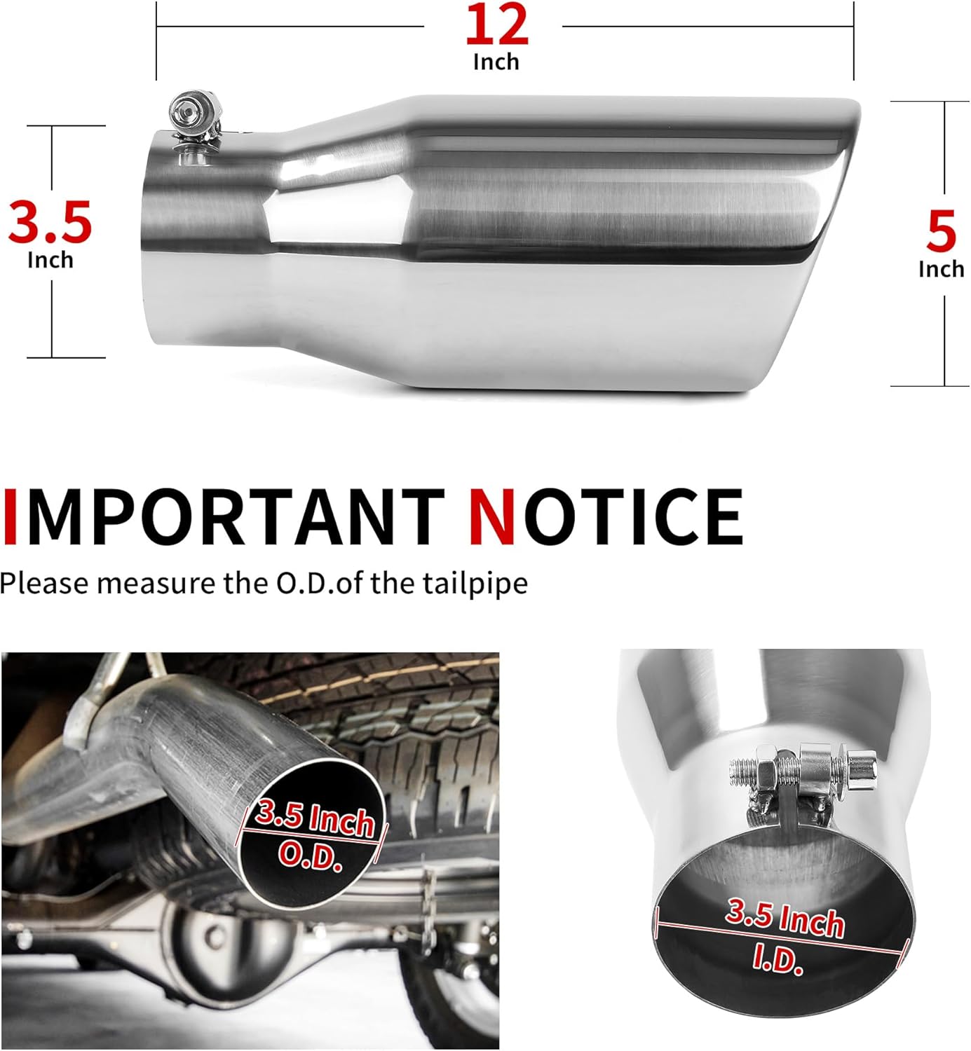 Richeer 3.5" Inlet Exhaust Tip, 3 1/2" Inlet 5" Outlet 12" Overall Length Stainless Steel Exhaust Tailpipe Tips with Polished Finish Universal for Vehicles with 3.5" O.D. Tailpipe Clamp/Bolt on Design