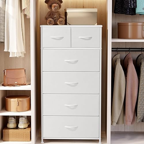 Miniatura 4 de Crestlive Products Cómoda alta para dormitorio, cómoda vertical delgada, marco de acero resistente, parte superior de madera, cubos de tela fáciles