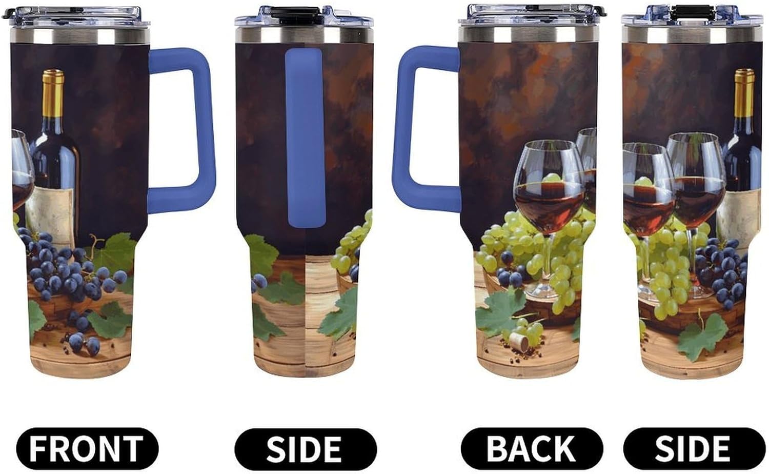 Art Red Wine Galsses & Grapes Tumbler Stainless Steel Large Car Cup with Handle&Straw Lid Portable Coffee Cup Leak-proof Water Bottle Insulated Vacuum Travel Mug for Home Outdoor 40oz