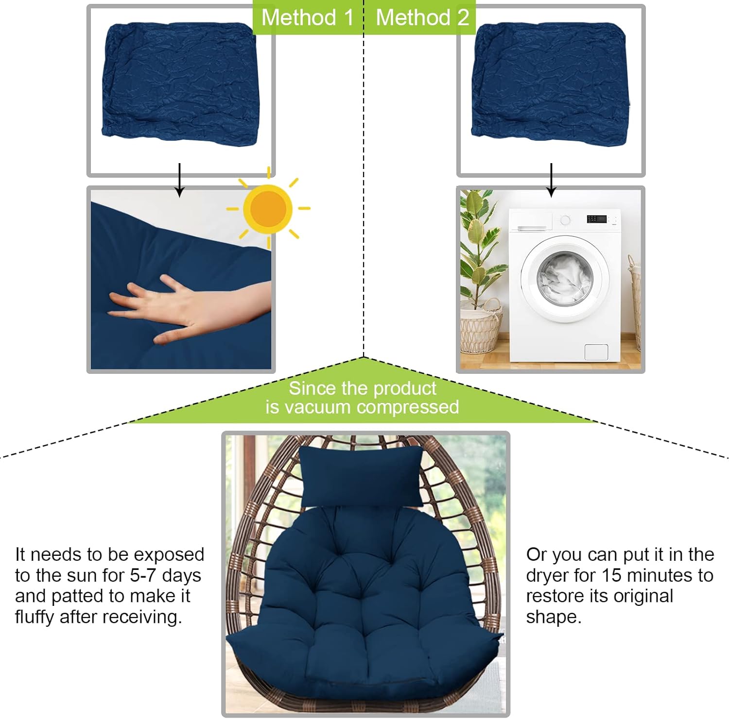 Thicken Hanging Egg Chair Cushion With Headrest - Washable Basket Seat for Hanging Chair (Dark Blue)