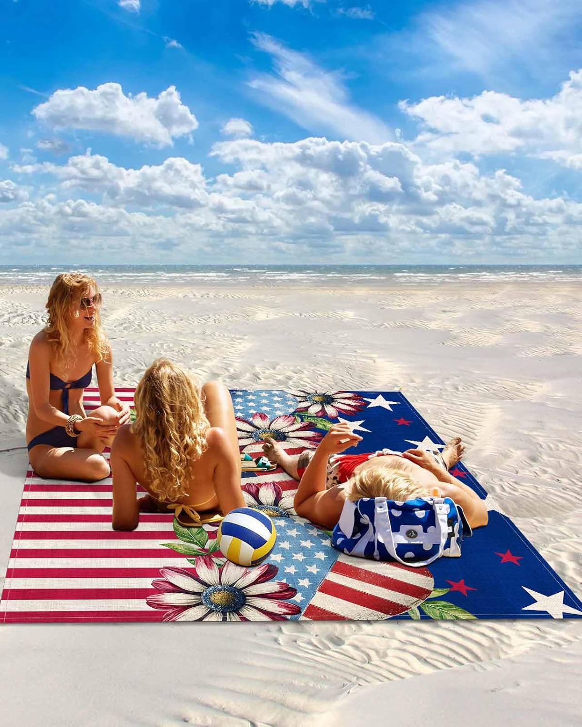 4th of July American Flower Star Heart Beach Blanket Extra Large 95x80in Outdoor Waterproof Sandproof Picnic Blankets with Stakes Lightweight Beach Mat for Camping Travel Hiking,USA Flag Theme