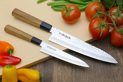 Miniatura 10 de Yoshihiro Juego de cuchillos de chef Gyuto de Damasco martillado de 46 capas y cuchillo utilitario (Gyuto 8.25 pulgadas (8.268 in) y pequeño 6