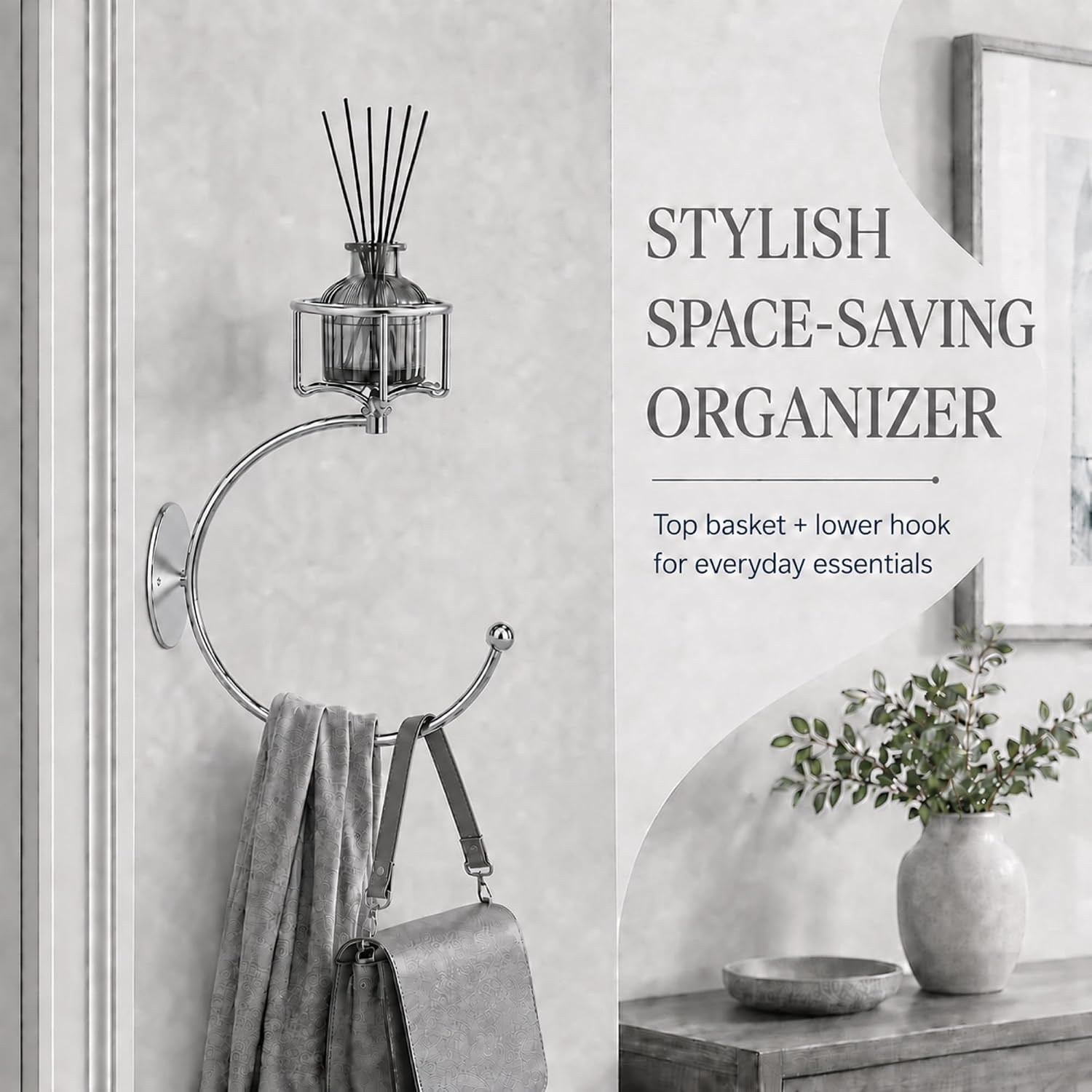 Wall Mounted Towel Ring with Storage Basket, 2-in-1 Bathroom Towel Holder with Top Shelf, Decorative Hand Towel Rack for Bathroom, Kitchen, Entryway, Silver image 2