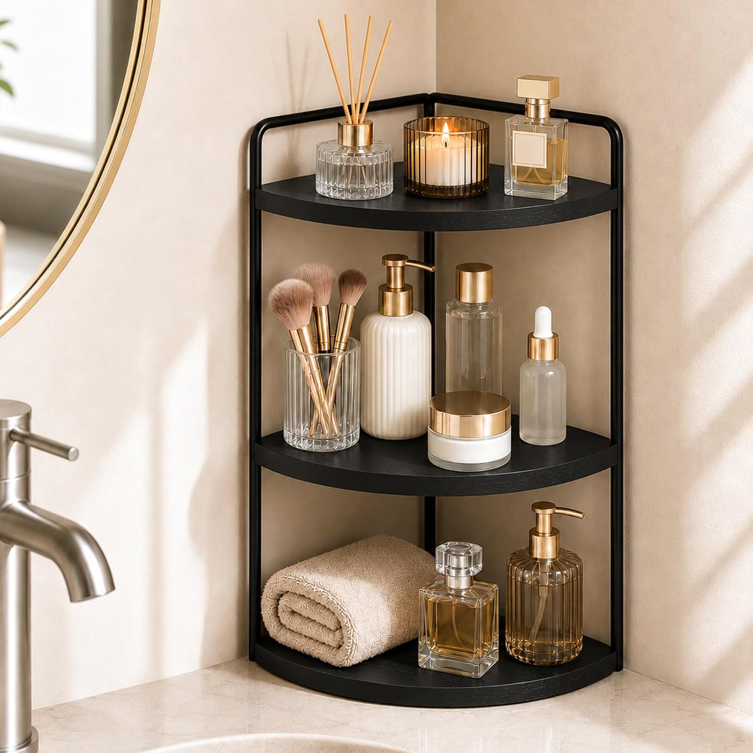 3-Tier Corner Bathroom Counter Organizer, Solid Pine Vanity Shelf, Black