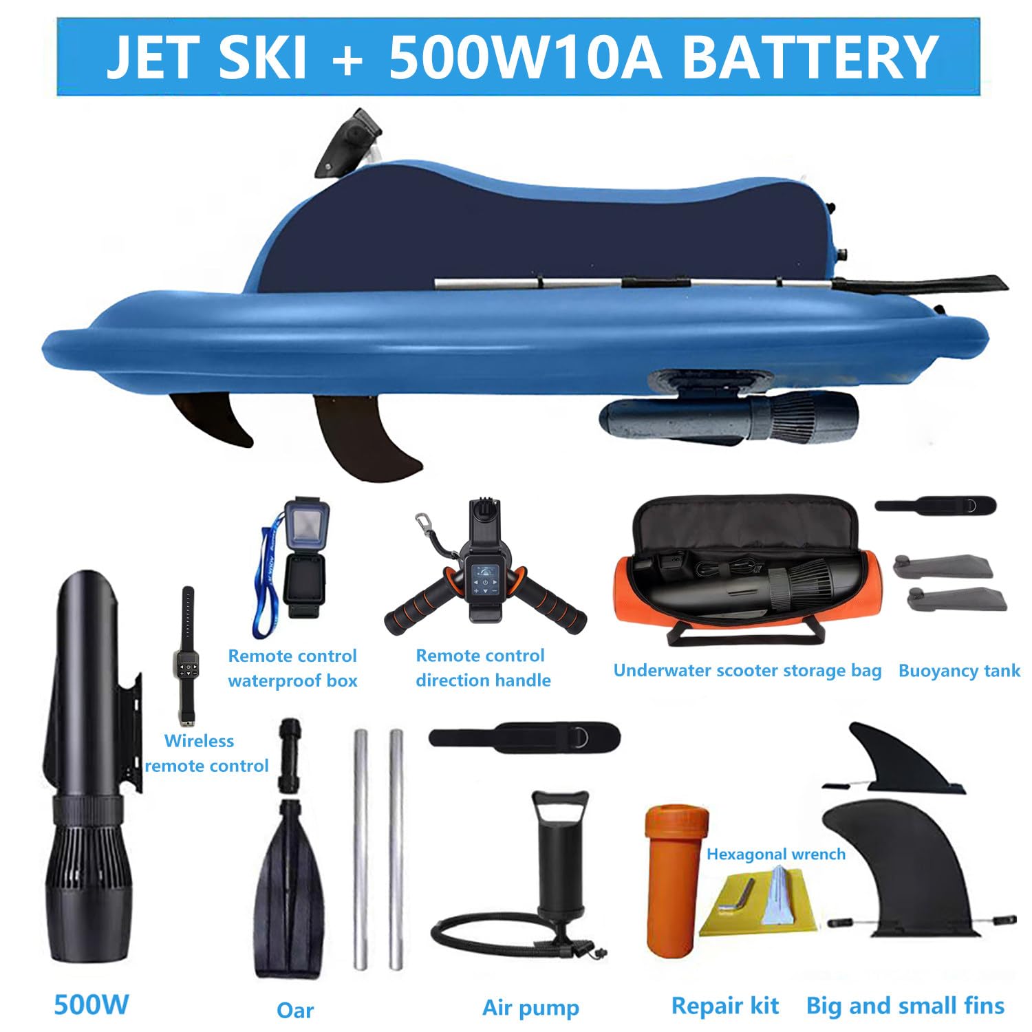 Moto acuática inflable eléctrica, kit de bote combinado inflable con motor SUP, propulsor a control remoto, bolsa de almacenamiento para asa y propulsor, capacidad máxima de 330 lb,500W10A