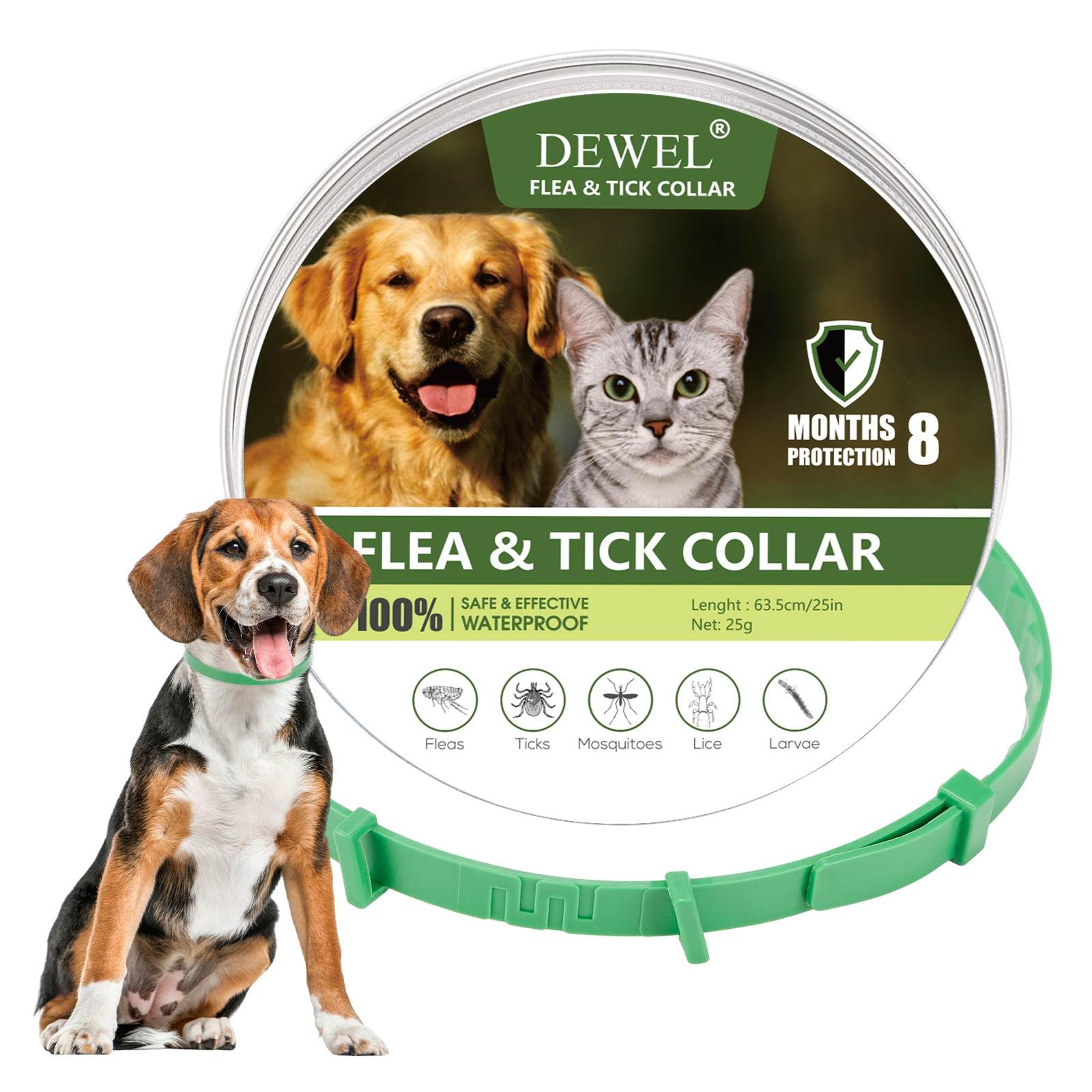 DEWEL Collar Antiparasitarios para Perros Grandes Medianos y Pequeño, Collar contra Pulgas y Garrapatas para Mascotas 6-8 Meses, Collar Antipulgas Impermeable y Cortable de 61 cm (Verde)