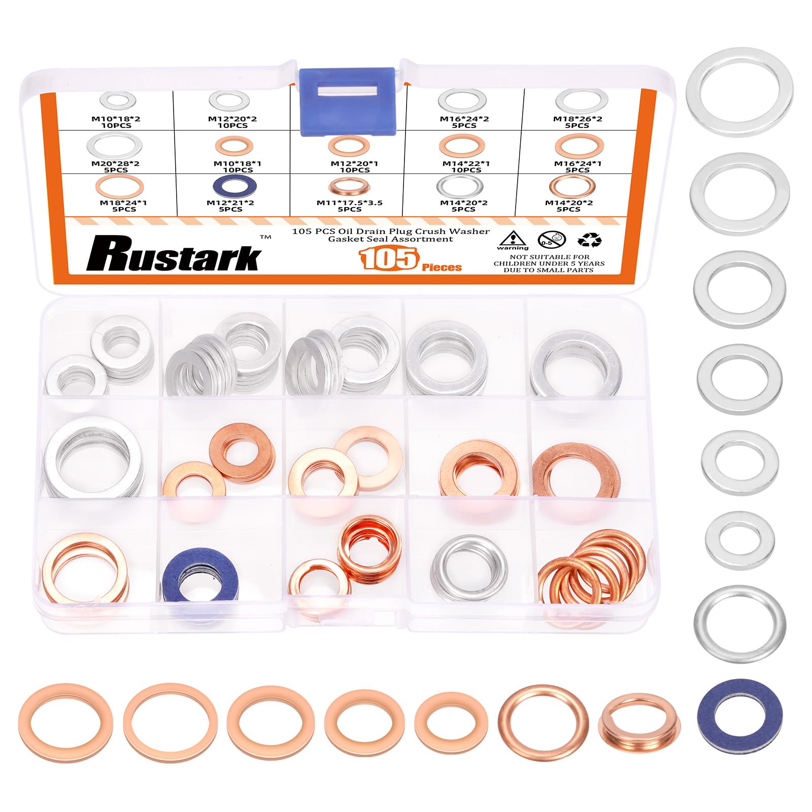 Rustark 105Pcs 14 Sizes Oil Drain Plug Gasket Assortment Kit