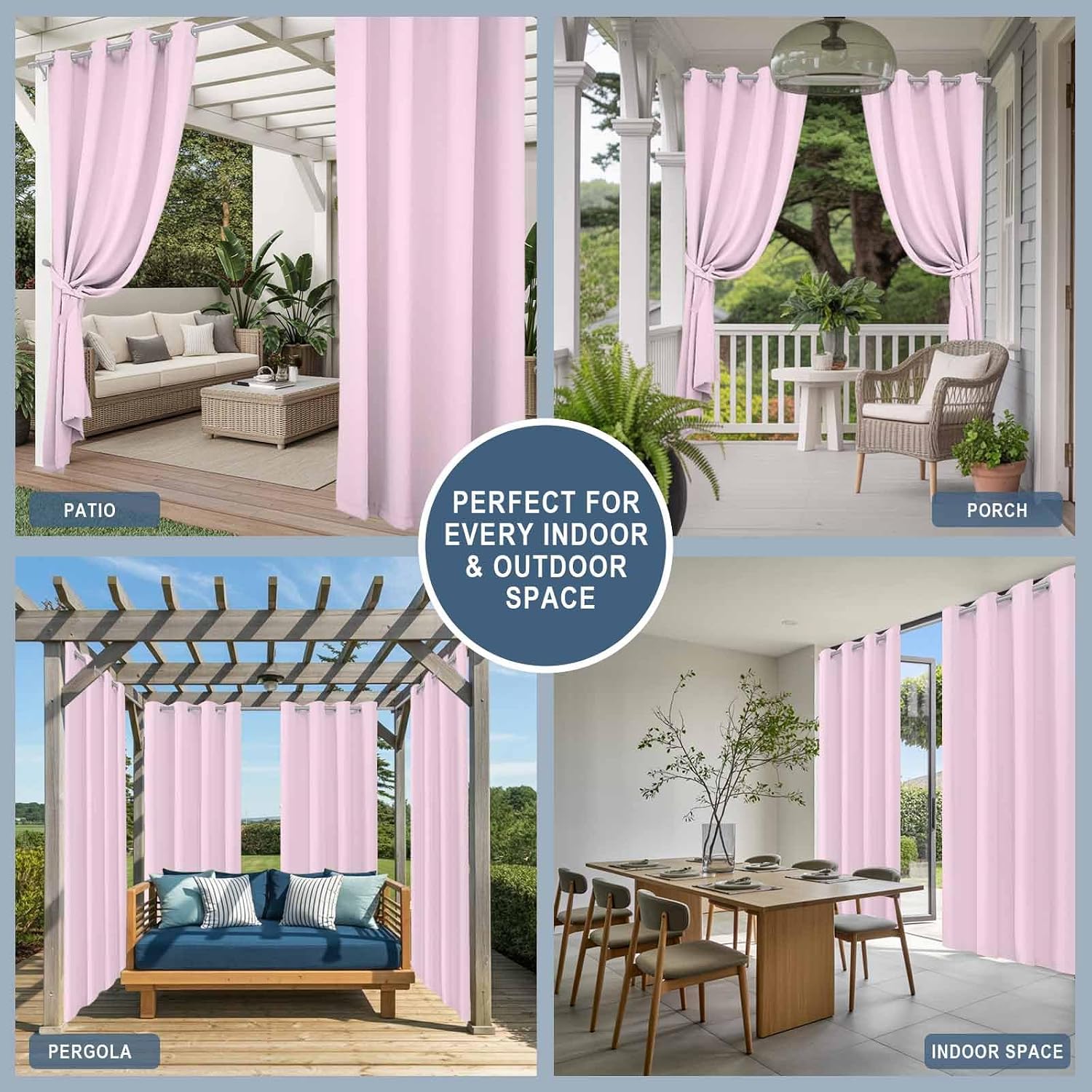 Outdoor Curtains for Patio,Pink Simple Background Waterproof Privacy Grommet Curtains for Porch Pergola Cabana,Pure Color Monochrome Windproof Indoor/Outdoor Drapes with Tieback 1 Panel 54x84in