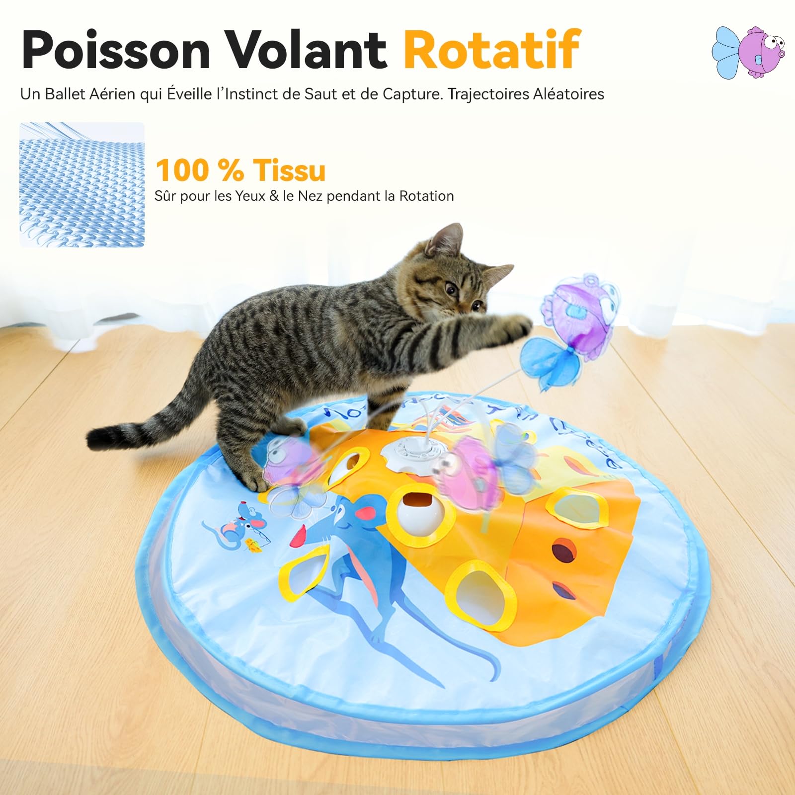 GoldenSun Jouet pour chat interactif 5 en 1 pour chats d'appartement, jeu de tapotement automatique, poisson volant, canne à pêche pour chat et plume mobile