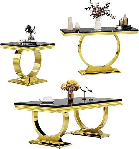 ACEDÉCOR Juego de 3 mesas de sala de estar, juego de mesa auxiliar de 48 pulgadas con mesa auxiliar y mesa consola, mesa de centro negra y dorada