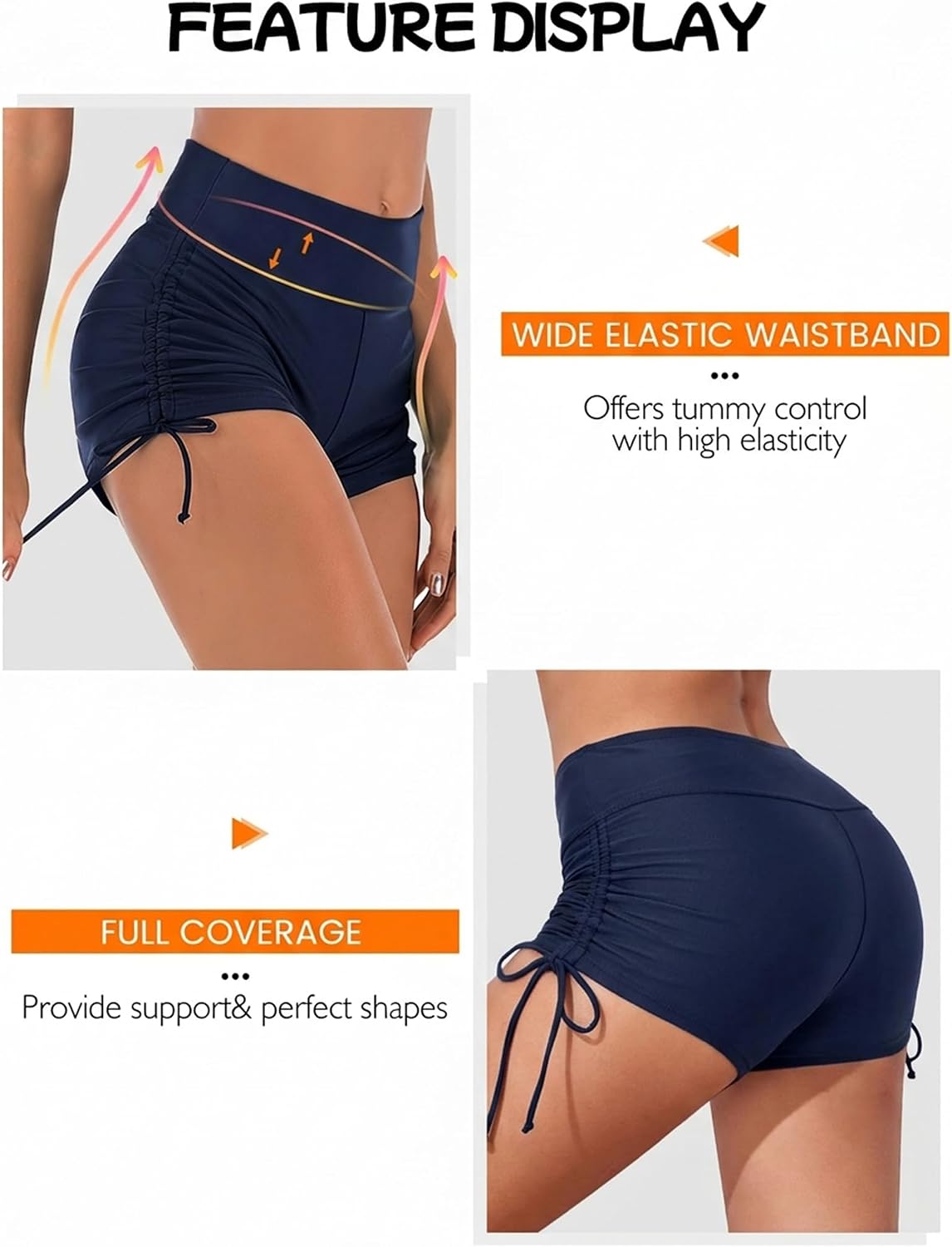 Buauty Women's Swim Shorts High Waisted Bathing Suit Bottoms Adjustable Side Tie Swimsuit Boy Short Pants Swimwear UPF57+ Navy Blue