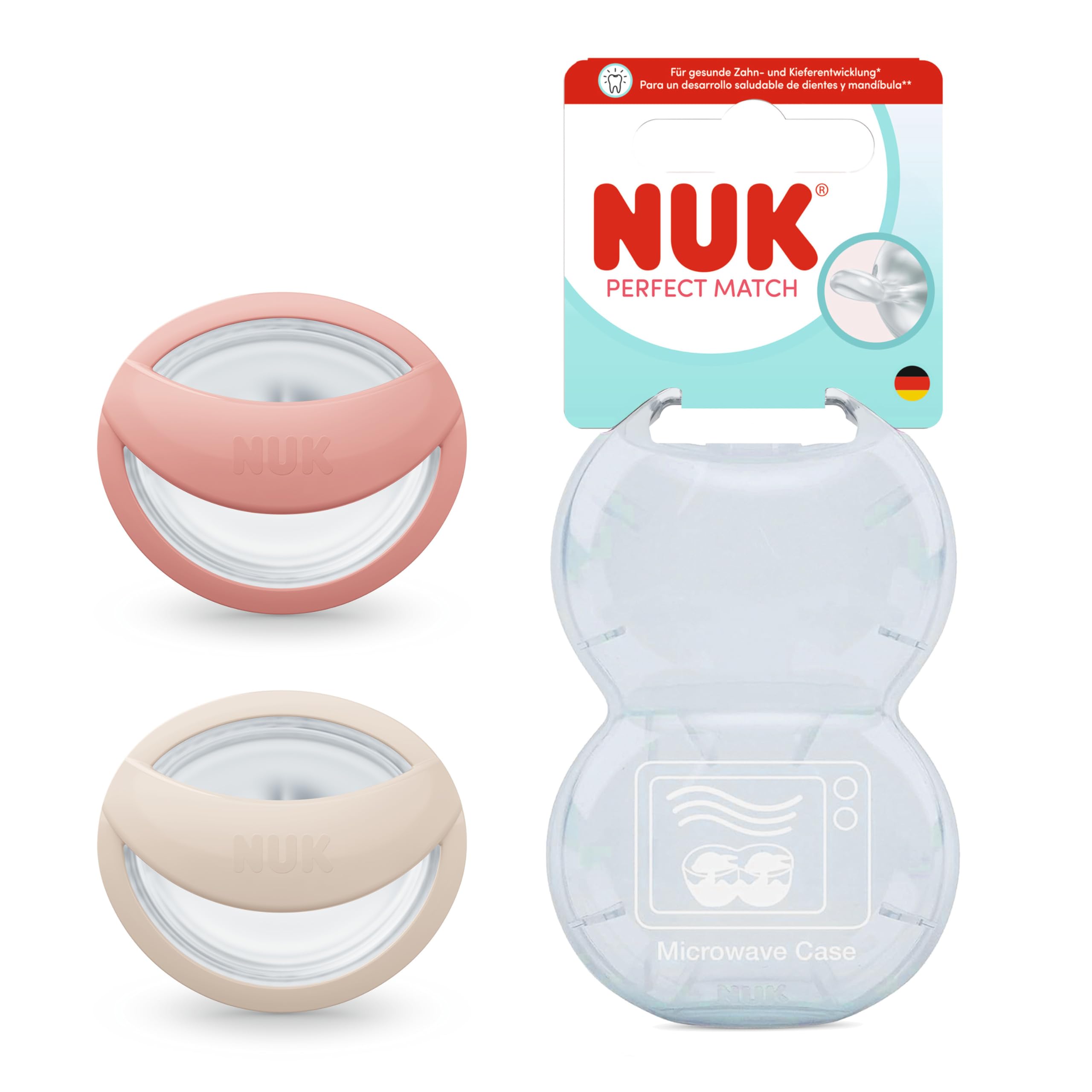 NUK Perfect Match Baby Schnuller | 0-6 Monate | Stillfreundlich, Orthodontische Schnuller | 95% Akzeptanz bei Babys** | Beige/Rot | 2 Stück