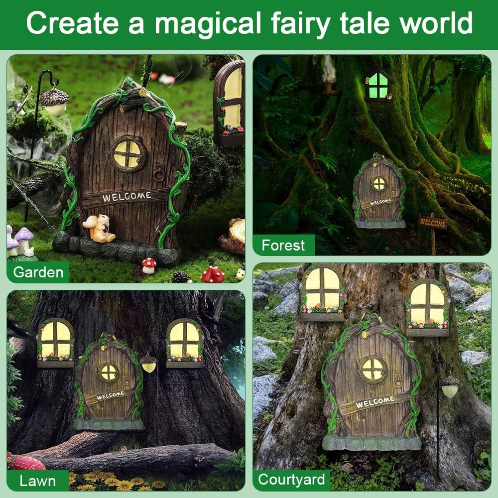 REFORUNG Puertas y Ventanas en Miniatura Puertas de Hadas para Árboles de Jardín Brilla en La Oscuridad Puerta de Gnomo para Jardin con Luz de Calle Decoraciones para Jardines/Árboles/Interior