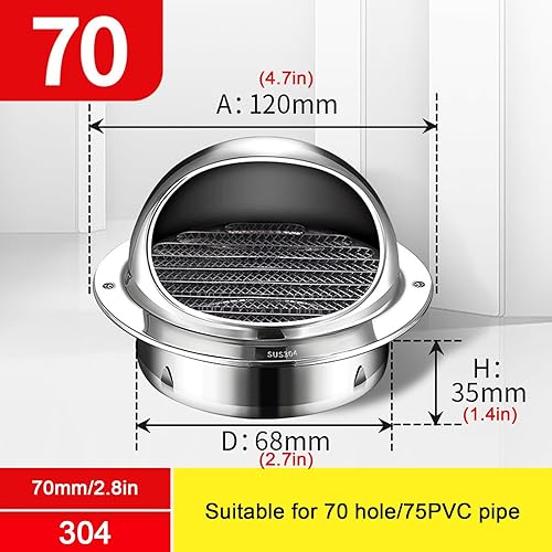Miniatura 5 de Tapa de lluvia para chimenea de tubo de escape, tapa redonda de ventilación de aire, cubierta de chimenea de acero inoxidable 304, resistente a la