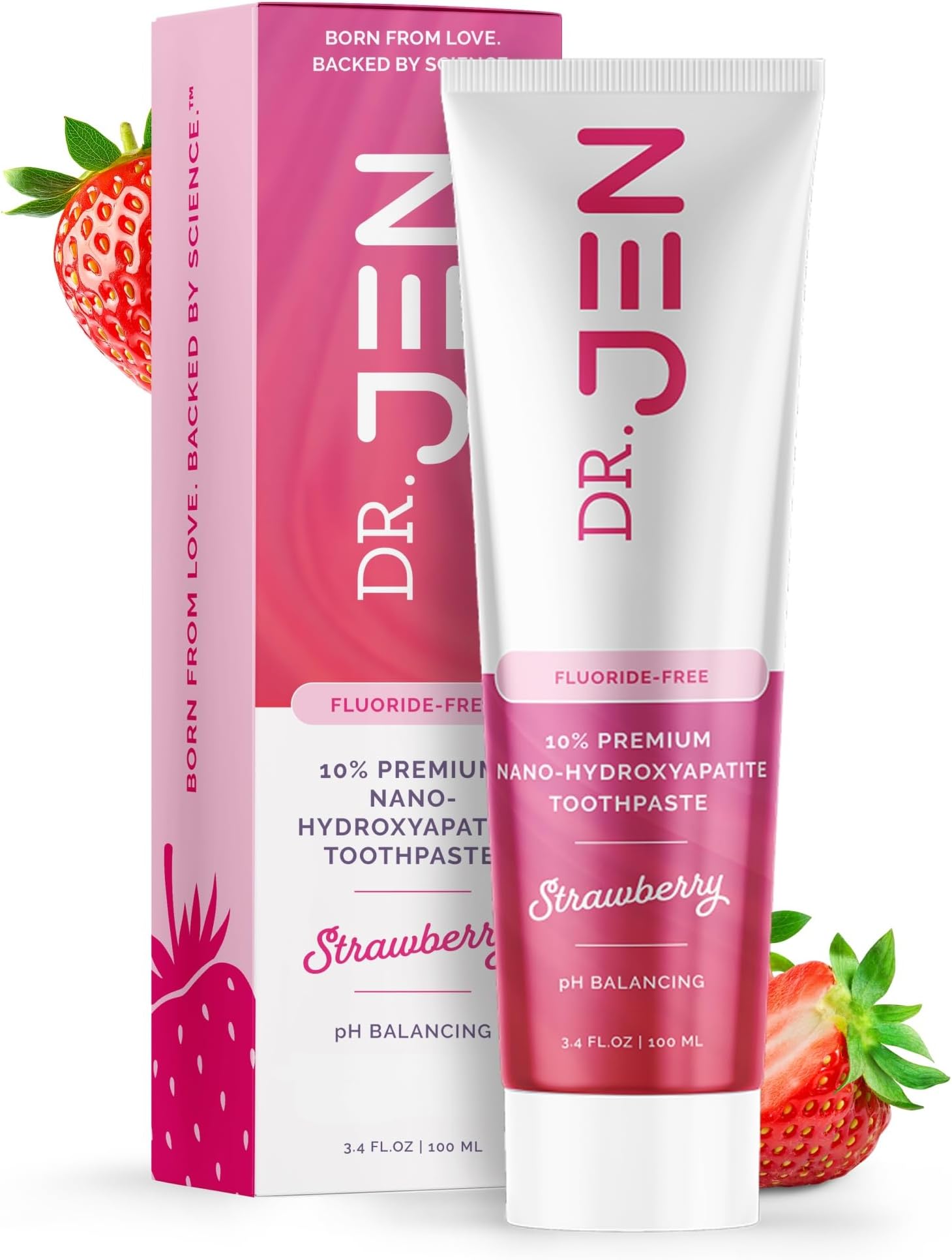 Dr. Jen Fluoride Free Toothpaste with 10% Premium Nano Hydroxyapatite, Xylitol & Glycerin, Remineralizing Daily Oral Care for Sensitive Teeth, Travel Essentials, Strawberry, 1 Pack