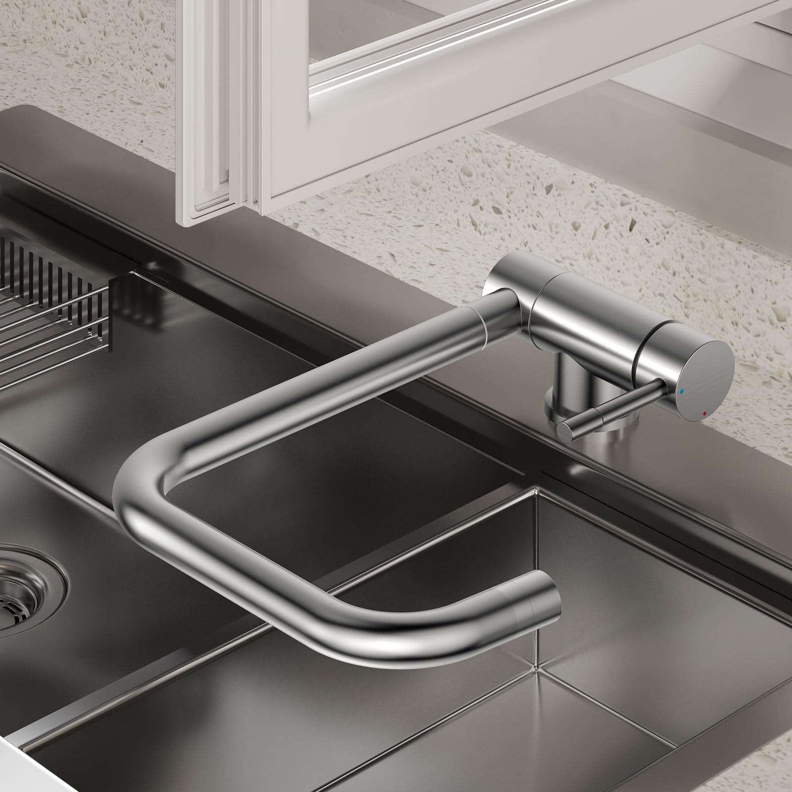YEAUPE PRO Robinet de cuisine pliable pour fenêtre avant - Robinet pivotant à 360° - Robinet d'évier pliable à 180° en acier inoxydable 304 - Mitigeur avec 2 types de jet - Design démarrage à froid