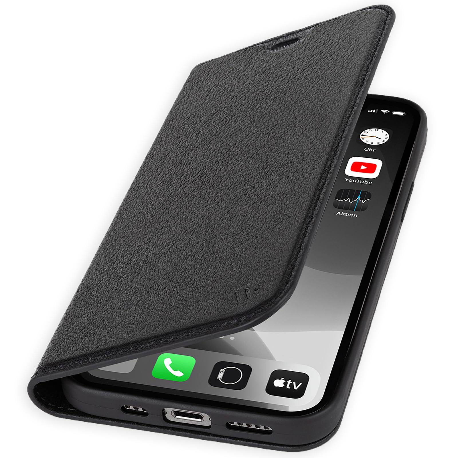 WIIUKA Hülle für iPhone 17, Leder aus Deutschland, mit Kartenfach, extra Dünn, Handyhülle mit Standfunktion, Tasche, Klapphülle, suiit, Schwarz