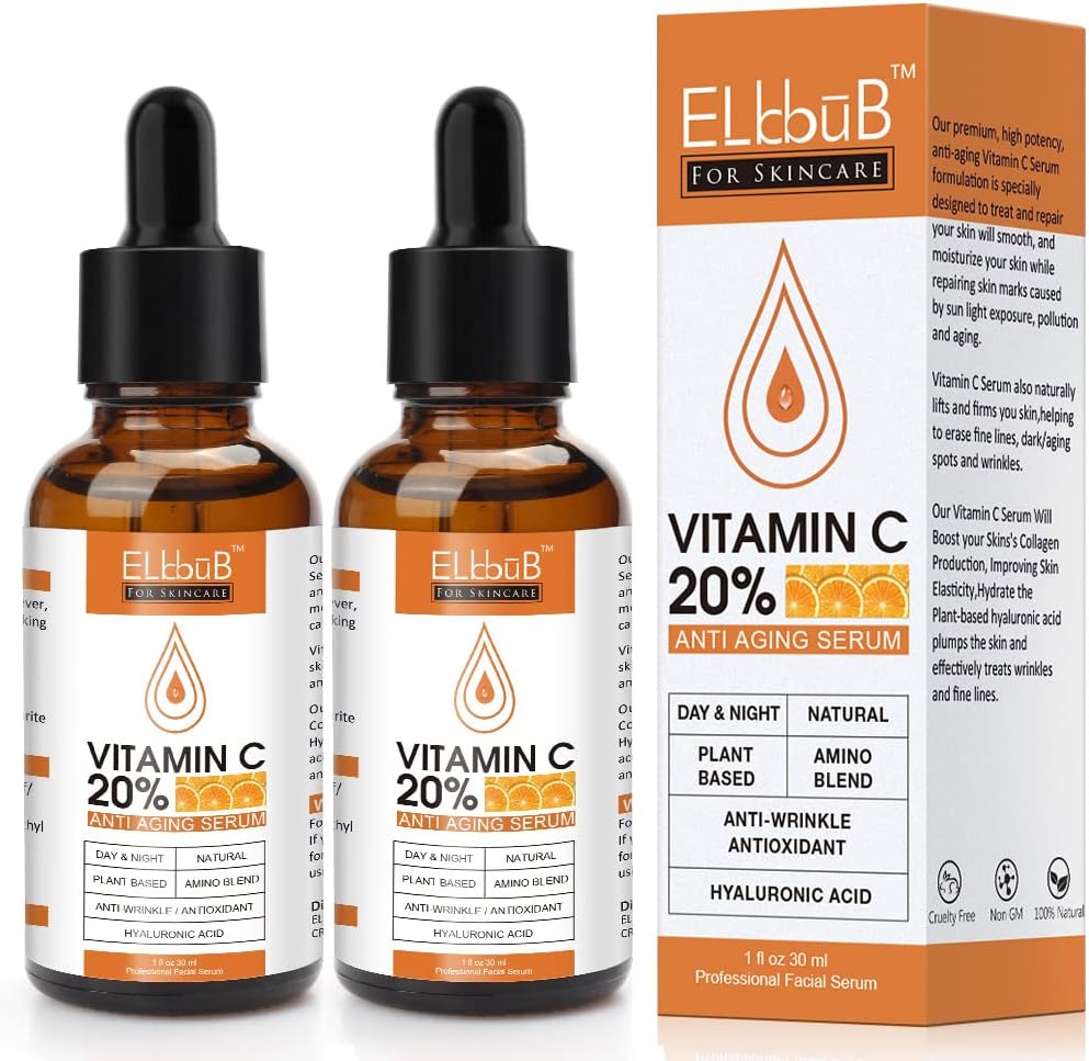 ELBBUB Premium 20% 𝐯𝐢𝐭𝐚𝐦𝐢𝐧 𝐜 𝐬𝐞𝐫𝐮𝐦 - (2PACK) with Hyaluronic Acid, Retinol & Amino Acids - Boost Skin Collagen,Hydrate & Plump Skin, Anti Aging & Wrinkle Facial Serum