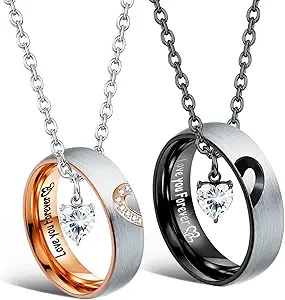 ZELORES Matching Necklaces for Couples with Heart Pendants and Rings Set