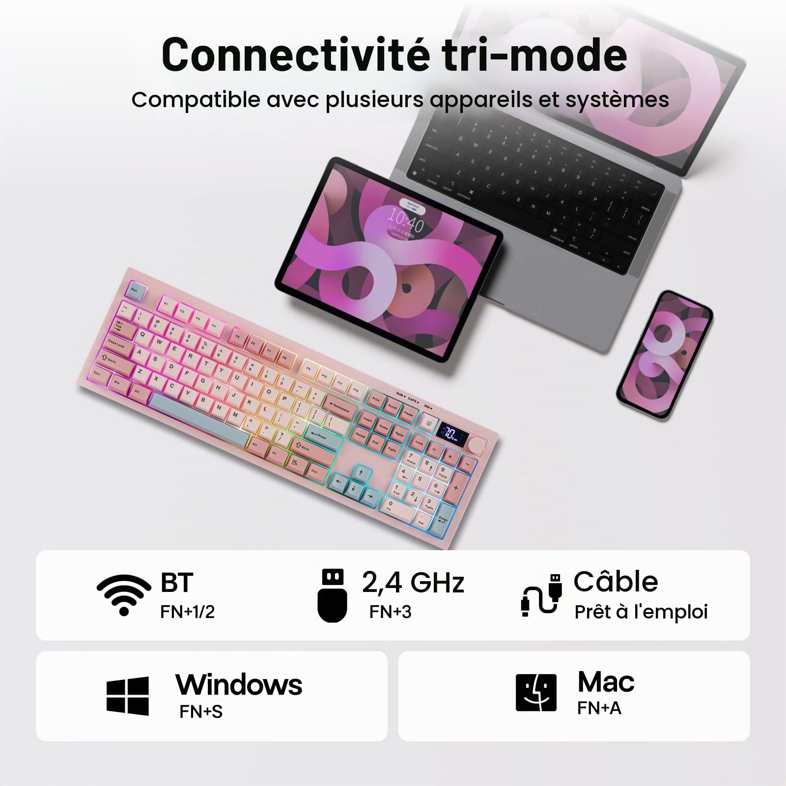 EPOMAKER Aula S102 Pro Clavier Gaming à Membrane avec Écran TFT | Bouton de Volume&Pavé Numérique, BT/2.4G/USB, RVB, Structure Silicone Crémeuse, Clavier Silencieux pour PC Jeu/Bureau (Rose)