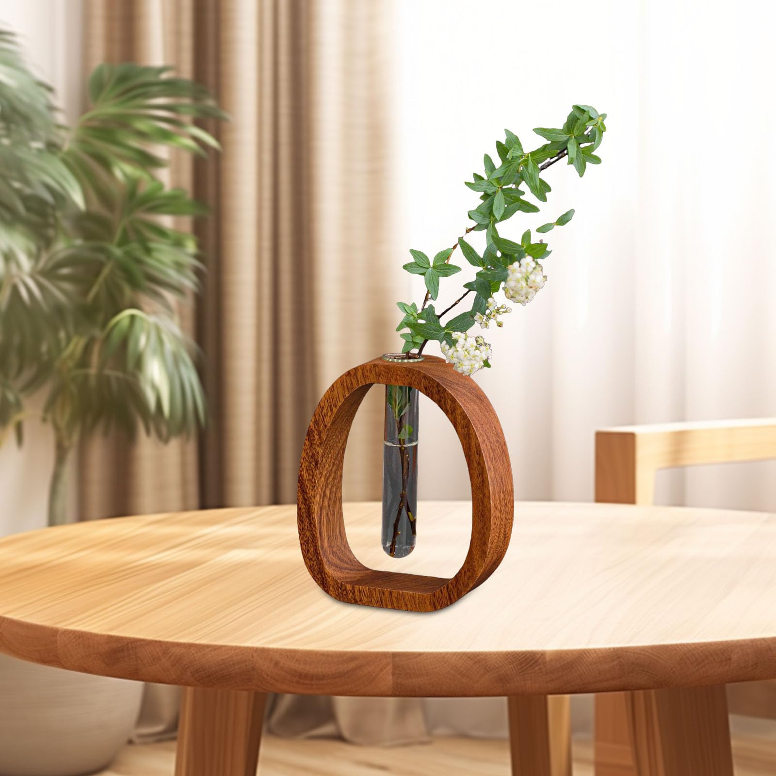 Glasvase aus Walnussholz, kleine Blumenvase mit Reagenzglas, kreatives Hydrokultur-Ornament für Heimdekoration und Tafelaufsätze