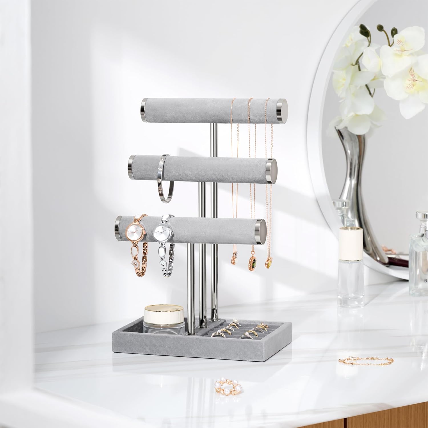 3 Tier Bracelet Holder Display - Detachable T Bar Grey Velvet Bracelet Holder, Jewelry Holder Organizer for Bracelet, Necklace, Earrings, Rings - Image 5
