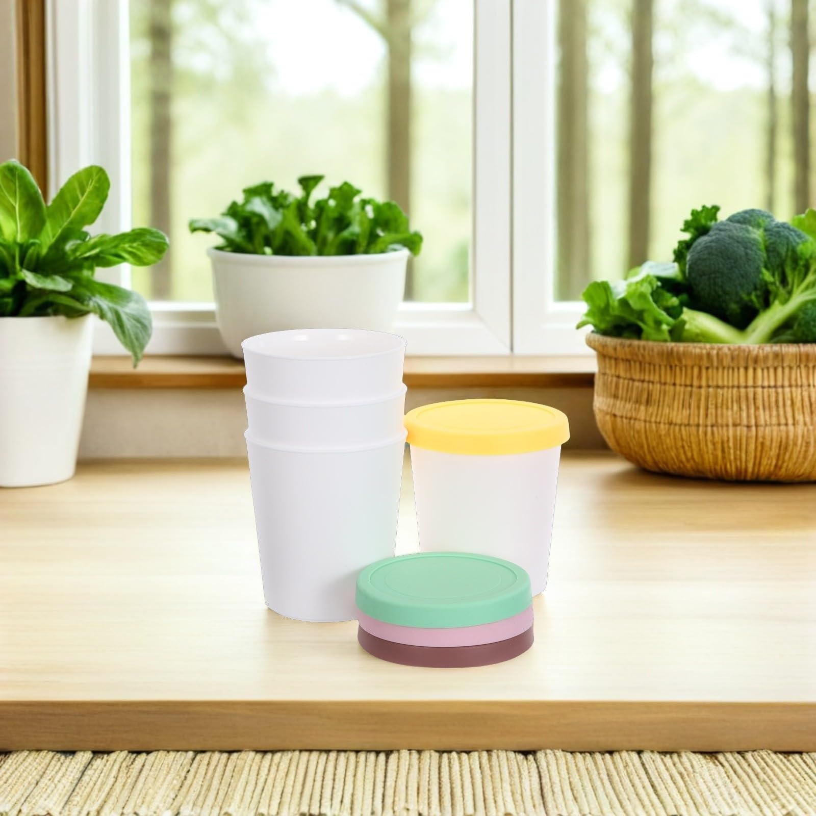 Set da 4 Contenitori per Gelato da 1l in Silicone e Pp con Coperchio, Riutilizzabili, Sicuri per Freezer e Facili da Pulire, per Conservare Gelato Fatto in Casa