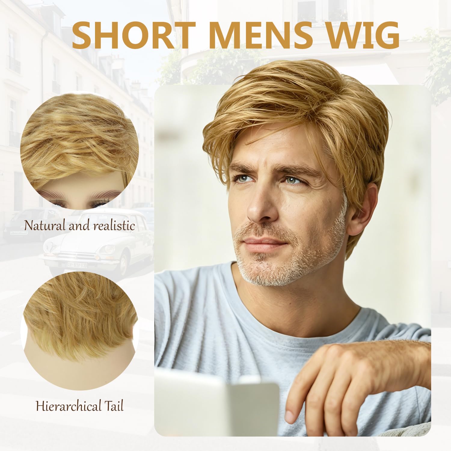 Mens Blonde Wig Short Layered Natural Wavy Heat Resistant Synthetic Male Guy Funny Wigs for Daily Party Costume Cosplay Halloween (Blonde)