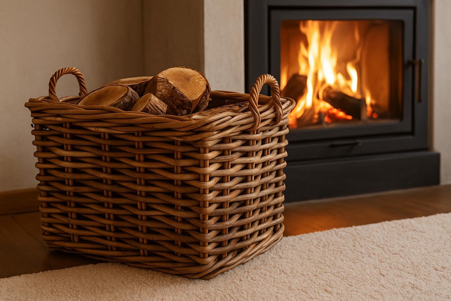 Kobolo Holzkorb aus Rattan mit Jutestoff 63x42x59 cm Braun