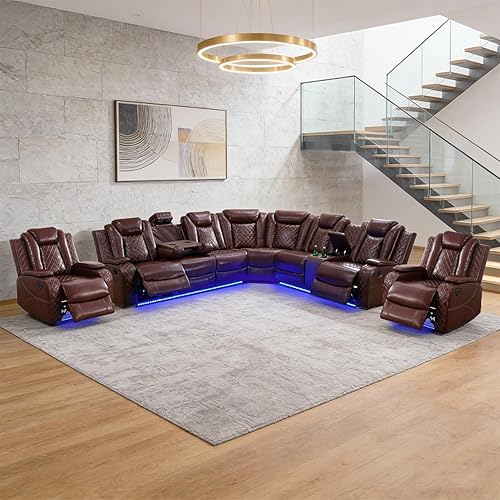 Miniatura 20 de Juego de sofá modular reclinable eléctrico para sala de estar, juego de sofá reclinable de cuero con luces LED / almacenamiento oculto, sofá en