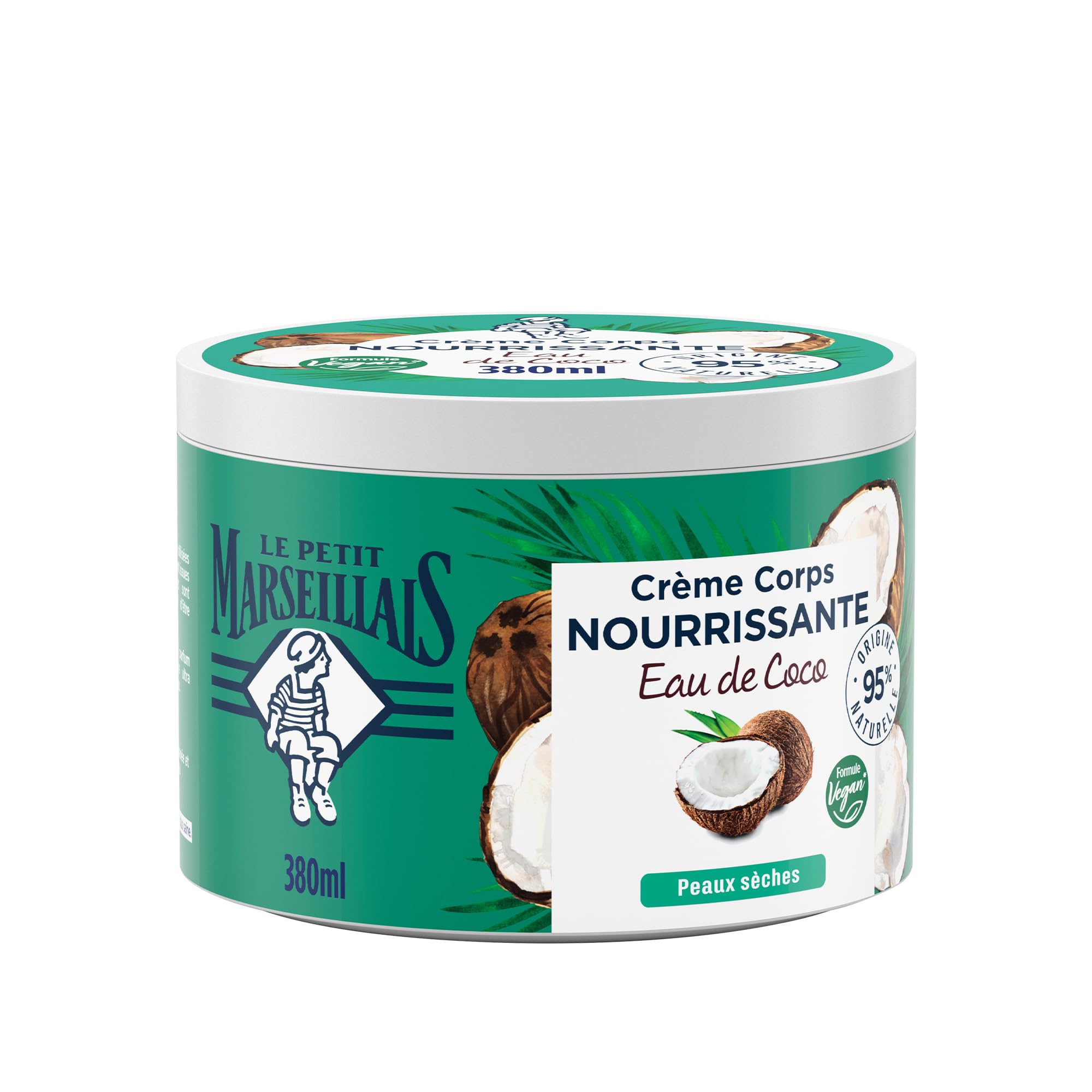 Le Petit Marseillais – Crème Corps Nourrissante Eau de Coco (pot de 380 ml) – Crème hydratante pour peaux sèches – Formule vegan 95% d'origine naturelle