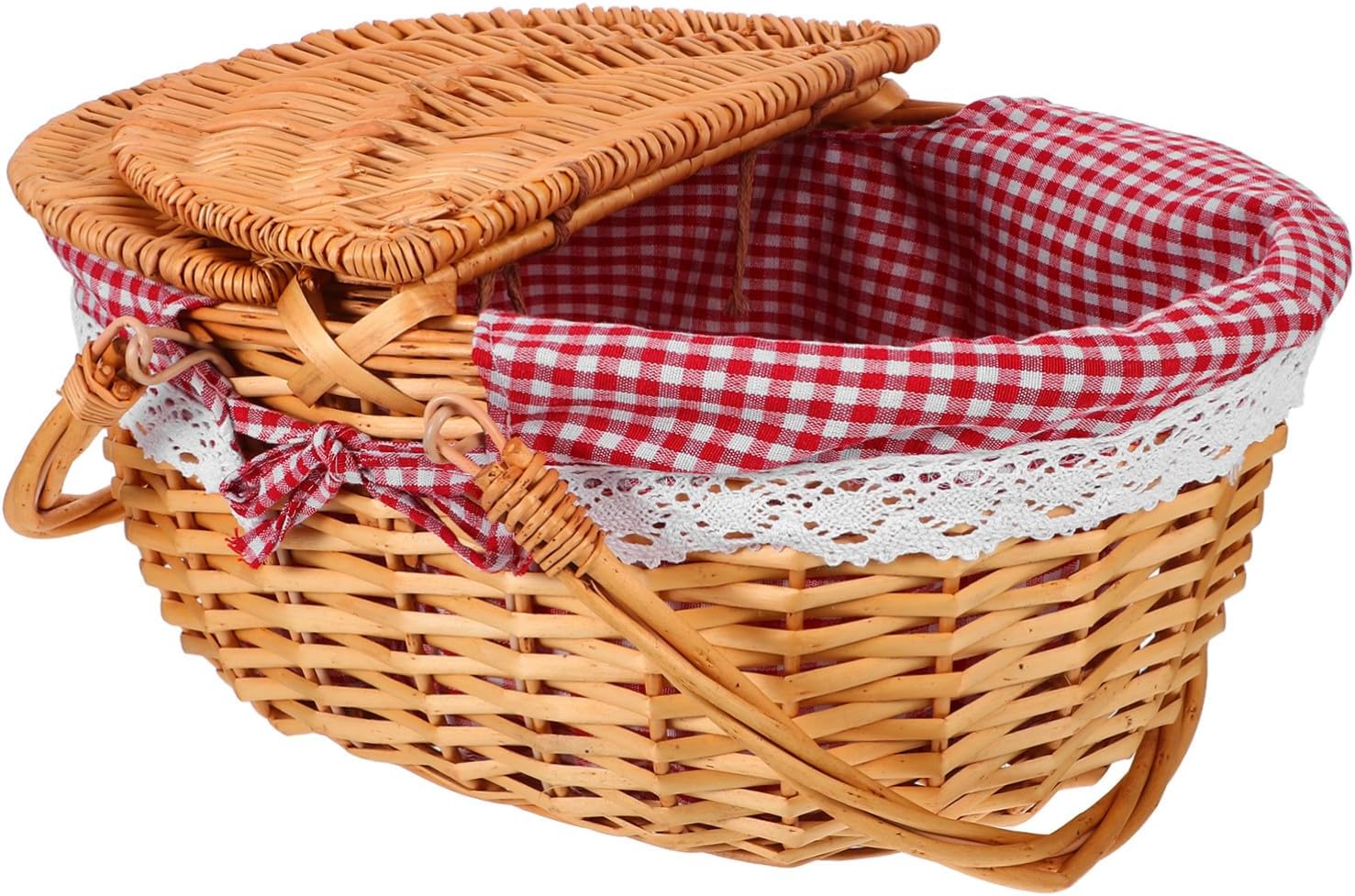 Vintage Willow Picnic Basket with Double Folding Handles and Removable Lace Liner Handwoven Rustic Rattan Hamper for Outdoor Picnics Market Shopping and Holiday Gifting