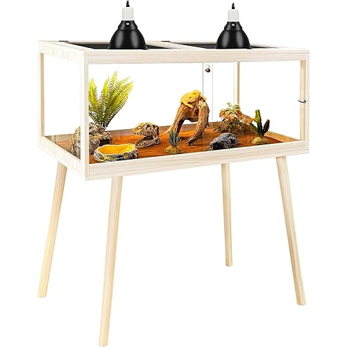 Prolee Tempered Glass Reptile Enclosure with Leg,48“ Scratch-Proof Bearded Dragon Tank,79 Gallon Lizard Tank with Metal Mesh Tops and Lockable Door,Spacious Reptile Habitat for Snake,Lizard (Oak)