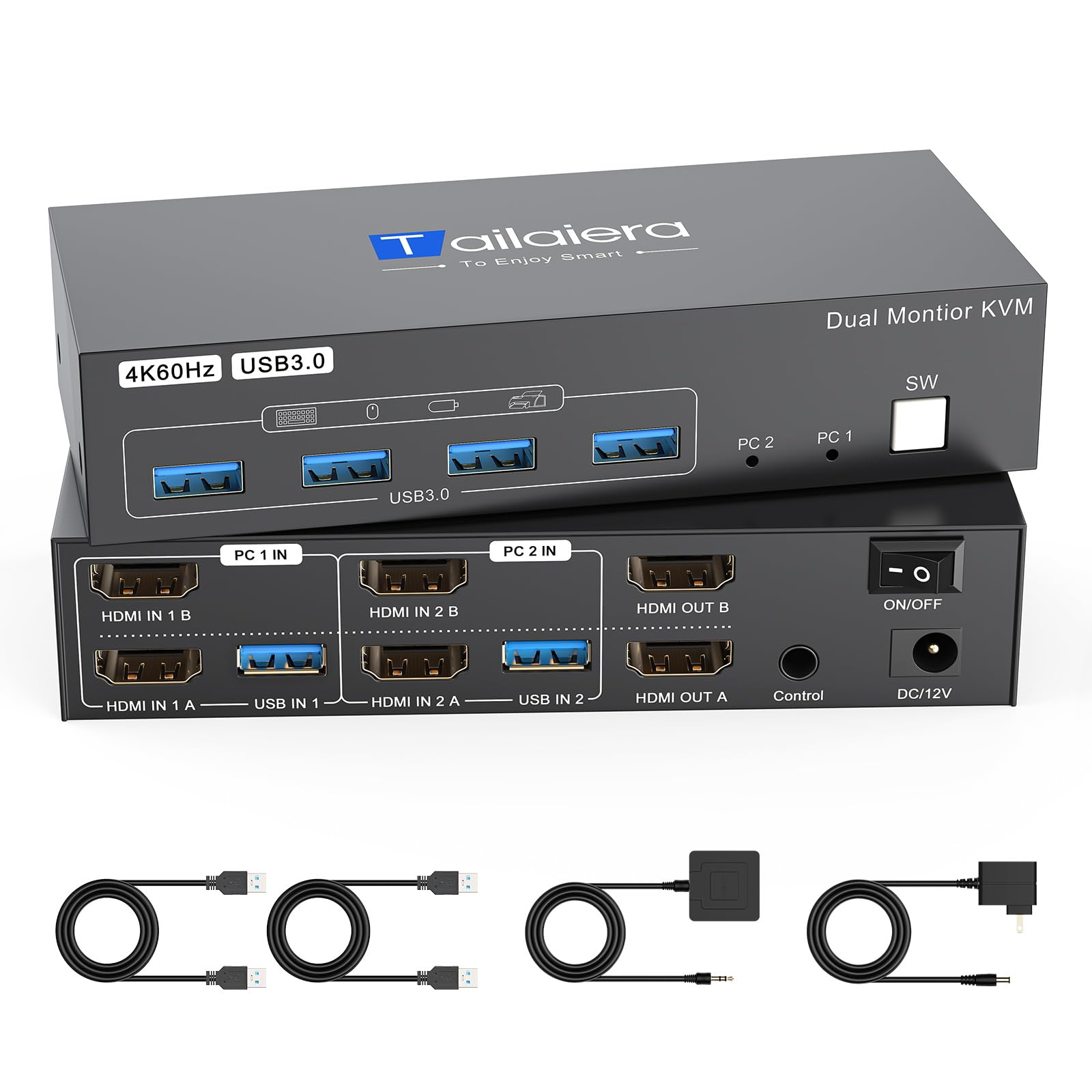 Photo 1 of 4K HDMI KVM Switch 2 Monitors 2 Computers Dual Monitor Support 4K@60Hz KVM Switcher PC Extended Display for 2 Port Share 4 USB 3.0 HUB Desktop Controller and 2 USB Cables Included