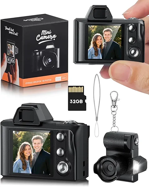 Small Digital Camera, 1080P Mini Portable Camera with 32GB SD Card, Data Cable, Key Card Clip Chain, Suitable for Traveling and Daily Use