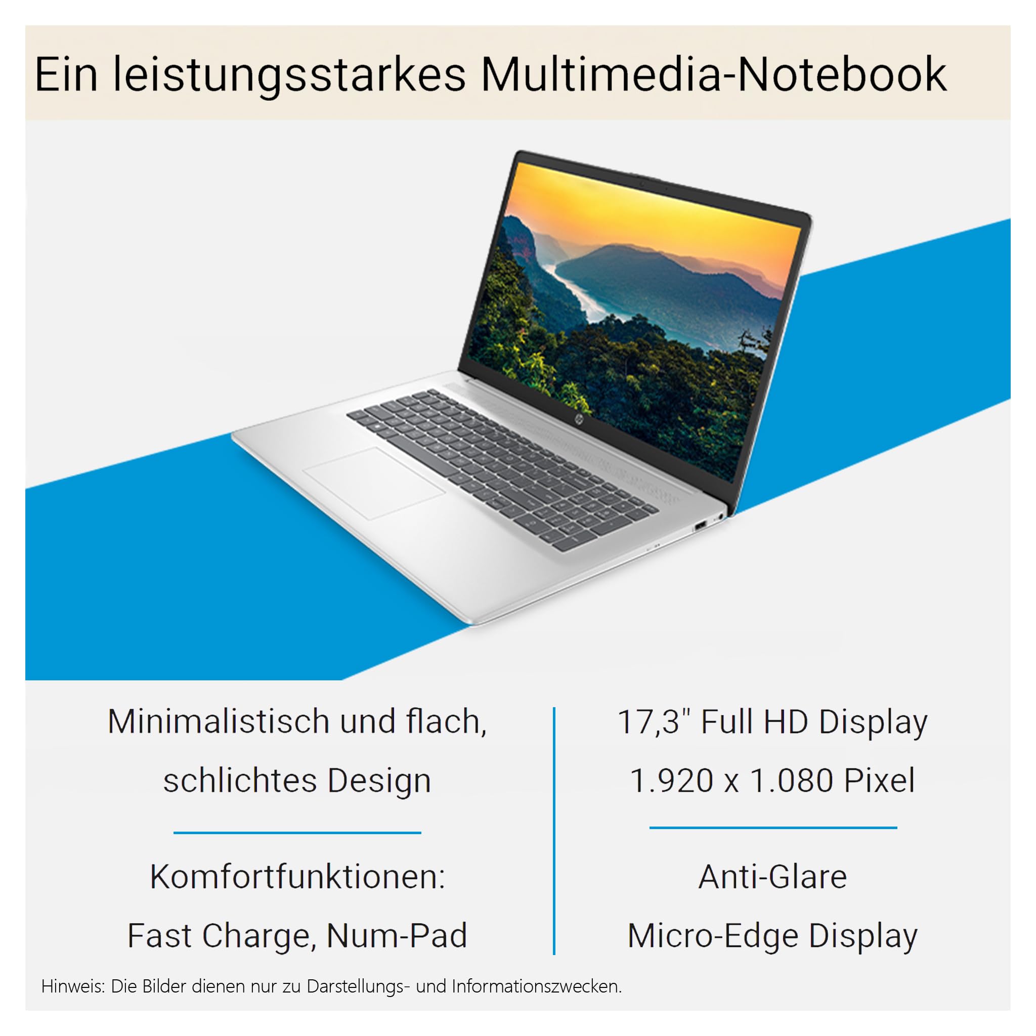 HP 17 Business Laptop, Intel Core i5-120U, 16 GB DDR4 RAM, 512 GB PCIe SSD, 17.3" FHD (1920x1080) Display, Intel Graphics, QWERTZ Tastatur, Windows 11 Pro, Silber