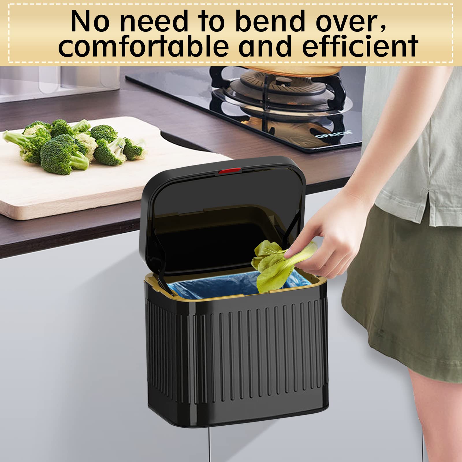 Küchenabfalleimer für die Arbeitsplatte oder unter der Spüle, 3,5 l Edelstahl, kleiner Mülleimer, Wandmontage, Mülleimer mit Deckel für Küche, Schrank, Mülleimer zum Aufhängen (schwarz)