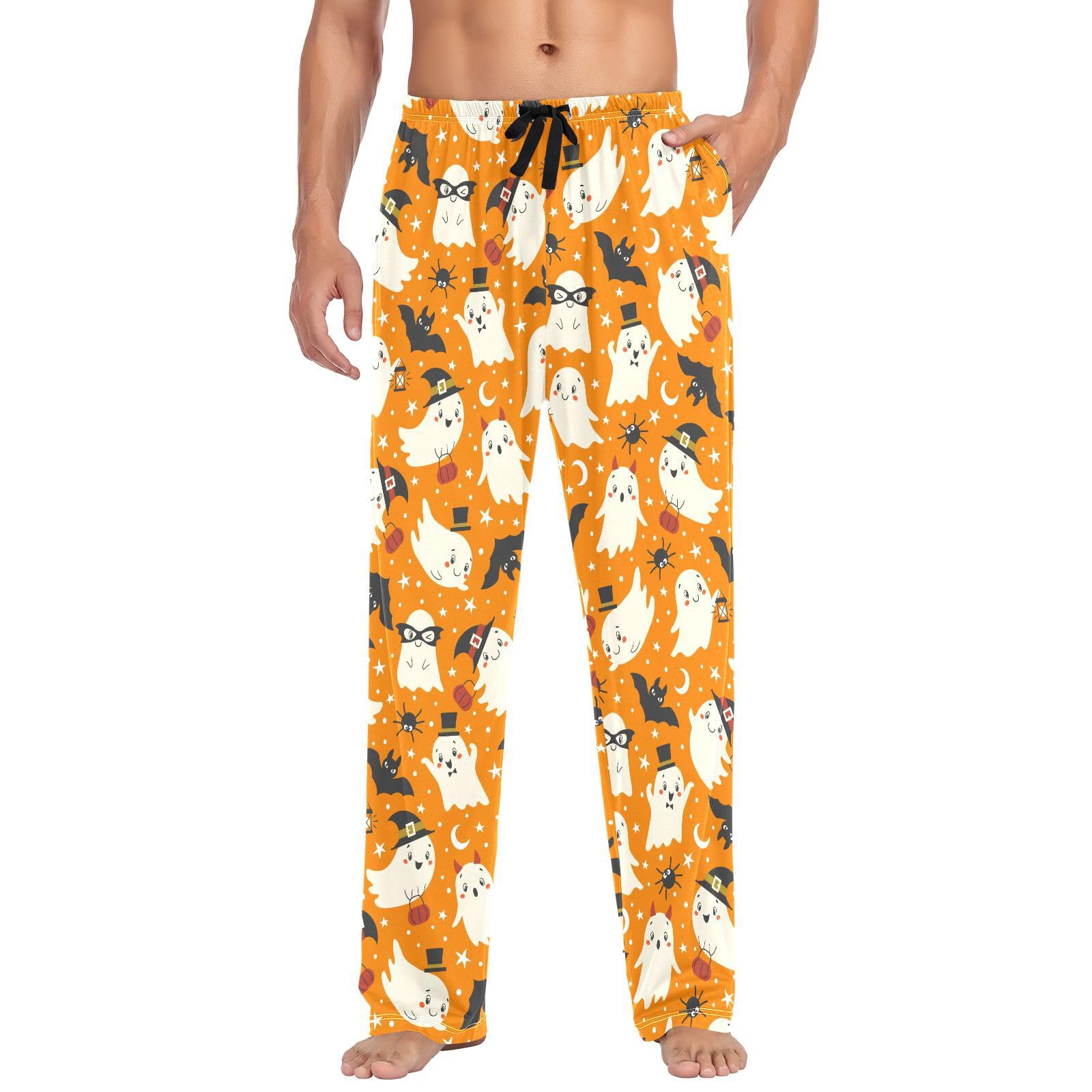 Pyjamahose für Herren, Halloween, Geist, Fledermaus, Spinnen, Herren-Schlafhose, 100 % Baumwolle, gerade Passform, Pyjamahose mit Taschen, Kordelzug, Größe L, mehrfarbig, L