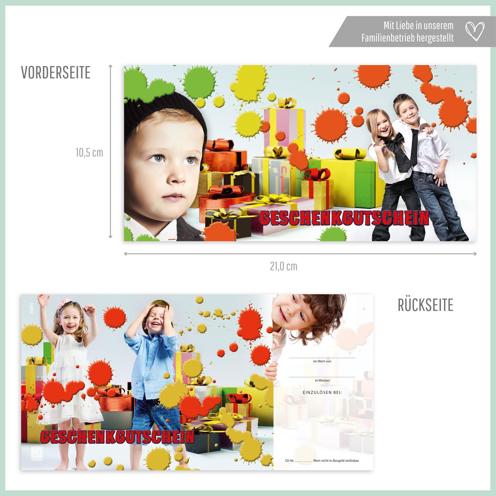 GESCHENKGUTSCHEINcom Gutschein-Set - 50 Gutscheine mit Umschlag & Schleife für Mode Kindermode Boutique Fashion, blanko zum selber Ausfüllen