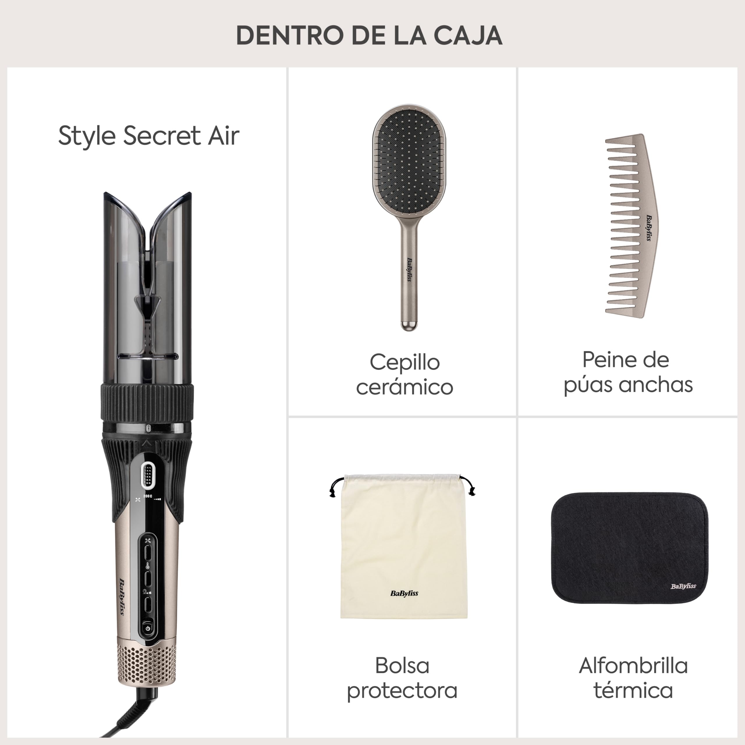 BaByliss Style Secret Air Moldeador Automático – Tenacilla 25 mm, Opción calor o aire, 48 opciones de peinados (rizos, ondas o movimiento), Cabello corto y largo, Rizador fácil de usar, C6686E