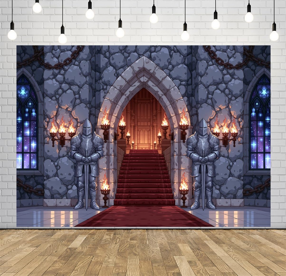 BELECO 4.6x2.5m Sfondo in tessuto Castello Medievale | Statue Cavalieri Arco In Pietra Torce Tappeto Rosso Finestra In Vetro Gotica Sfondo Fantastico Telo Di Sfondo