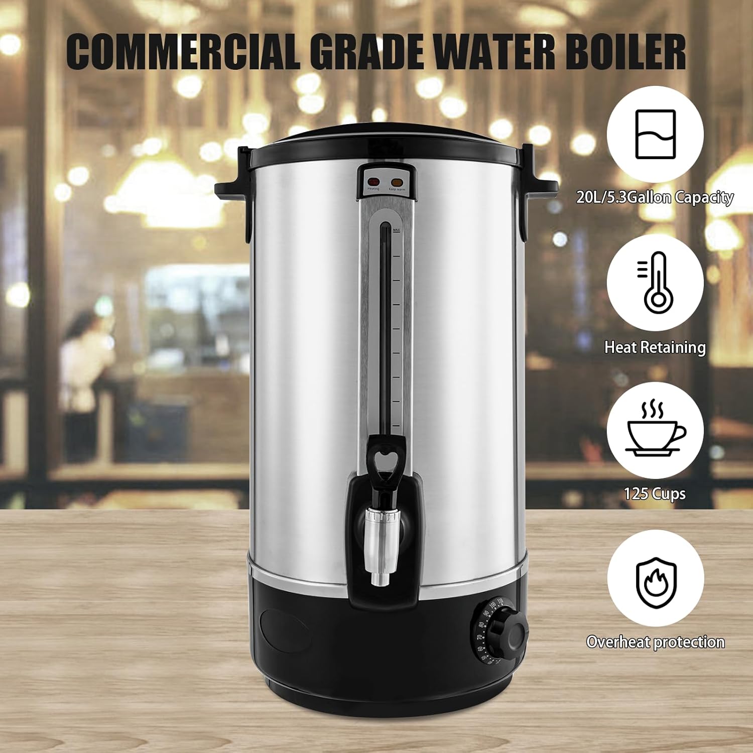 20L Commercial Grade Coffee Urn, 125-Cup Stainless Steel Electric Coffee Maker Hot Water Urn with Spigot, Warm Function, Temperature Control, Anti-slip Base