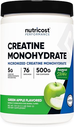 Nutricost Monohidrato de creatina en polvo (manzana verde, 17.64 oz) - Suplemento de creatina micronizada endulzado con stevia, vegano, sin OMG, sin